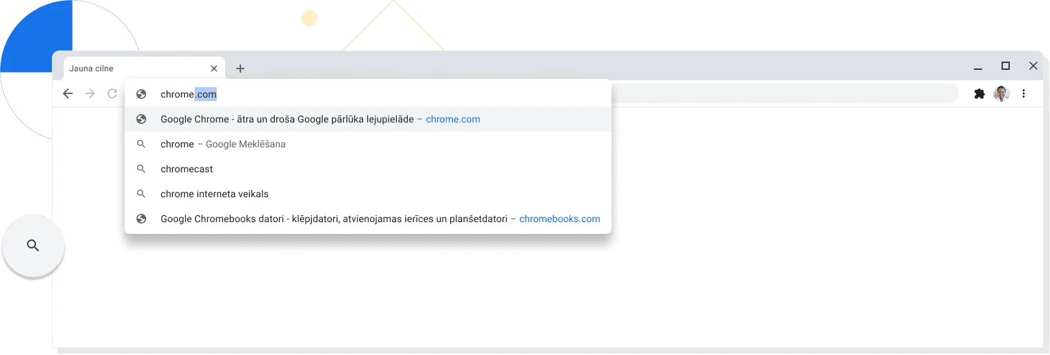 Pietuvināts jaunas cilnes skats pārlūka Chrome logā, kura adreses joslā ir redzama ievadīta vietne chrome.com.