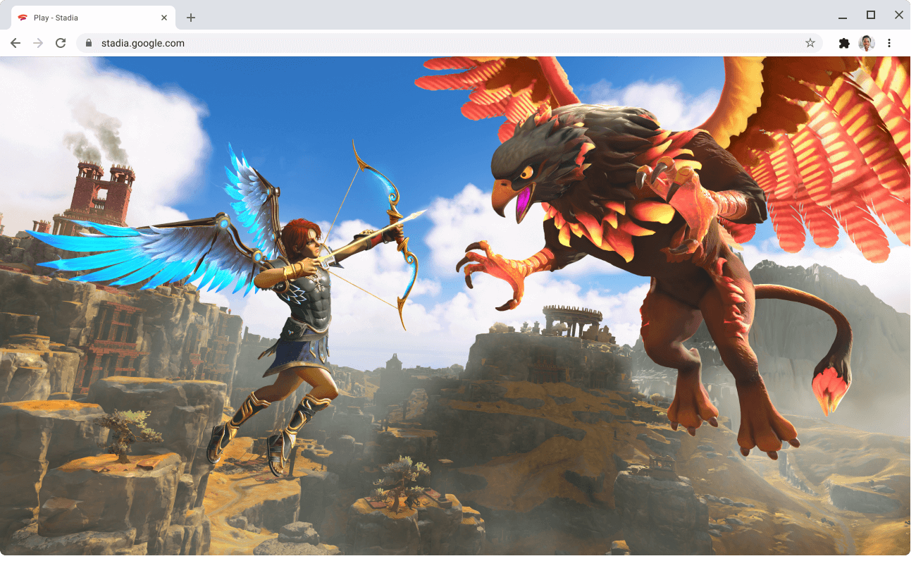 شاشة تعرض صفحة الويب stadia.google.com التي تظهر عليها لقطة من لعبة.