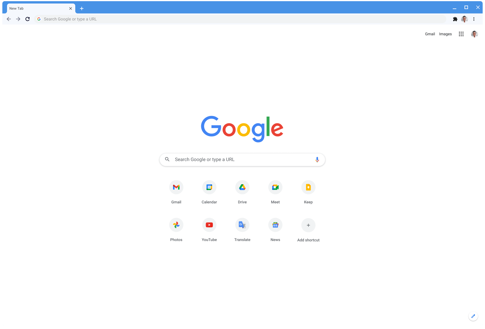 Прозор Chrome прегледача у ком се приказује Google.com и користи се класична тема.