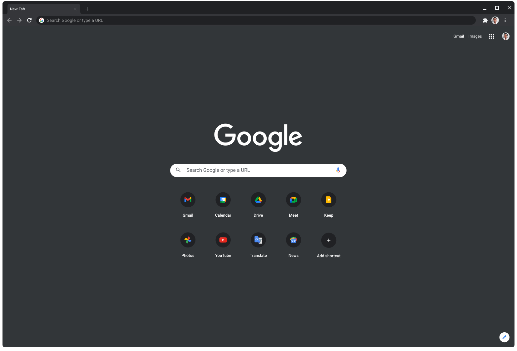 Ett webbläsarfönster i Chrome i mörkt läge som visar Google.com.