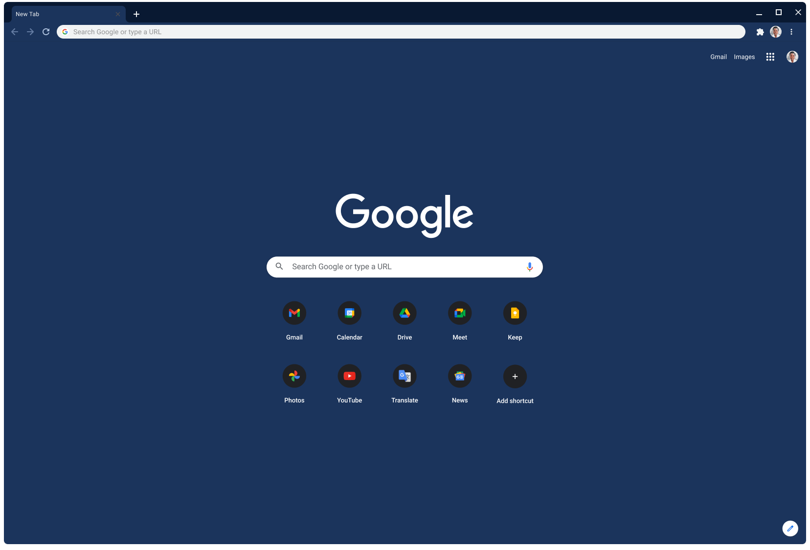 نافذة في متصفّح Chrome تعرض الموقع الإلكتروني Google.com مستخدمةً المظهر الرمادي الداكن