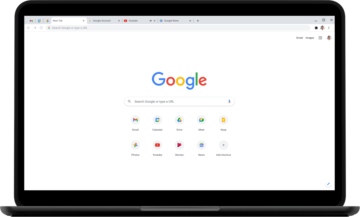 Горњи леви угао Pixelbook лаптопа на чијем екрану се приказује Google.com.
