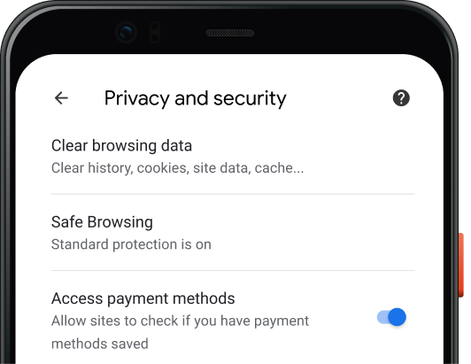 Pārlūka Chrome konfidencialitātes un drošības iestatījumu lapa mobilajā ierīcē.