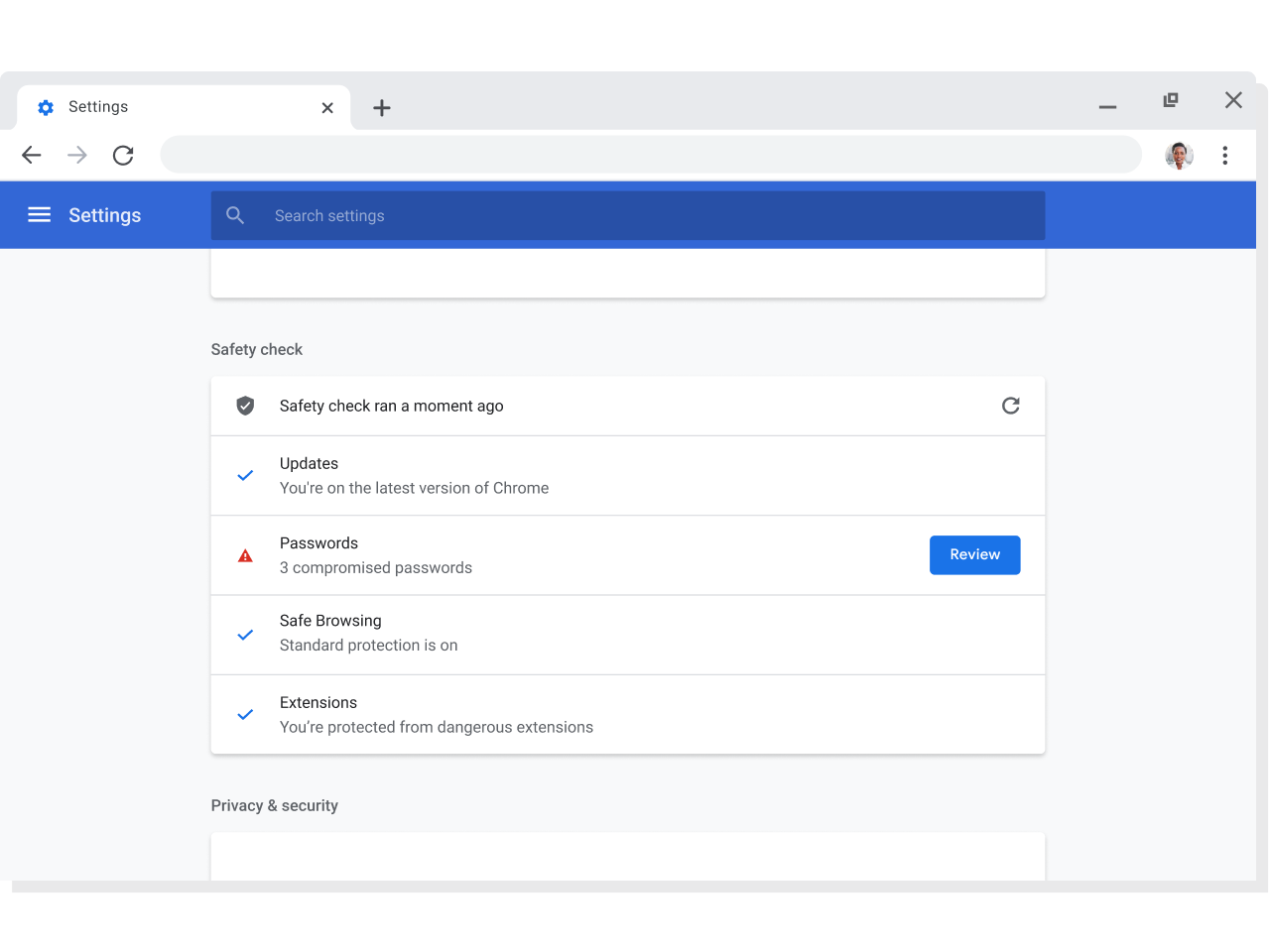 نافذة في متصفّح Chrome تعرض إعدادات الحساب والمزامنة لحسابات Google التي تم تفعيل ميزة المزامنة فيها