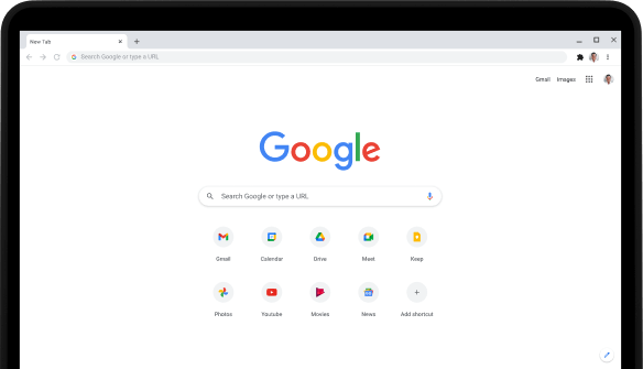 Klēpjdatora Pixelbook Go augšējais kreisais stūris; ekrānā ir redzama vietnes Google.com meklēšanas josla un izlases lietotnes.