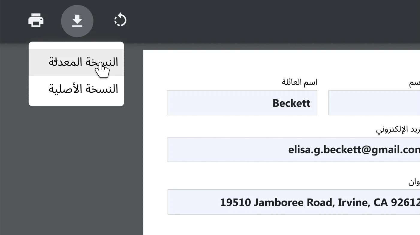 نافذة في متصفِّح Chrome تعرض مستند PDF مفتوحًا في وضع التكبير ضِمن قائمة خيارات التنزيل والطباعة