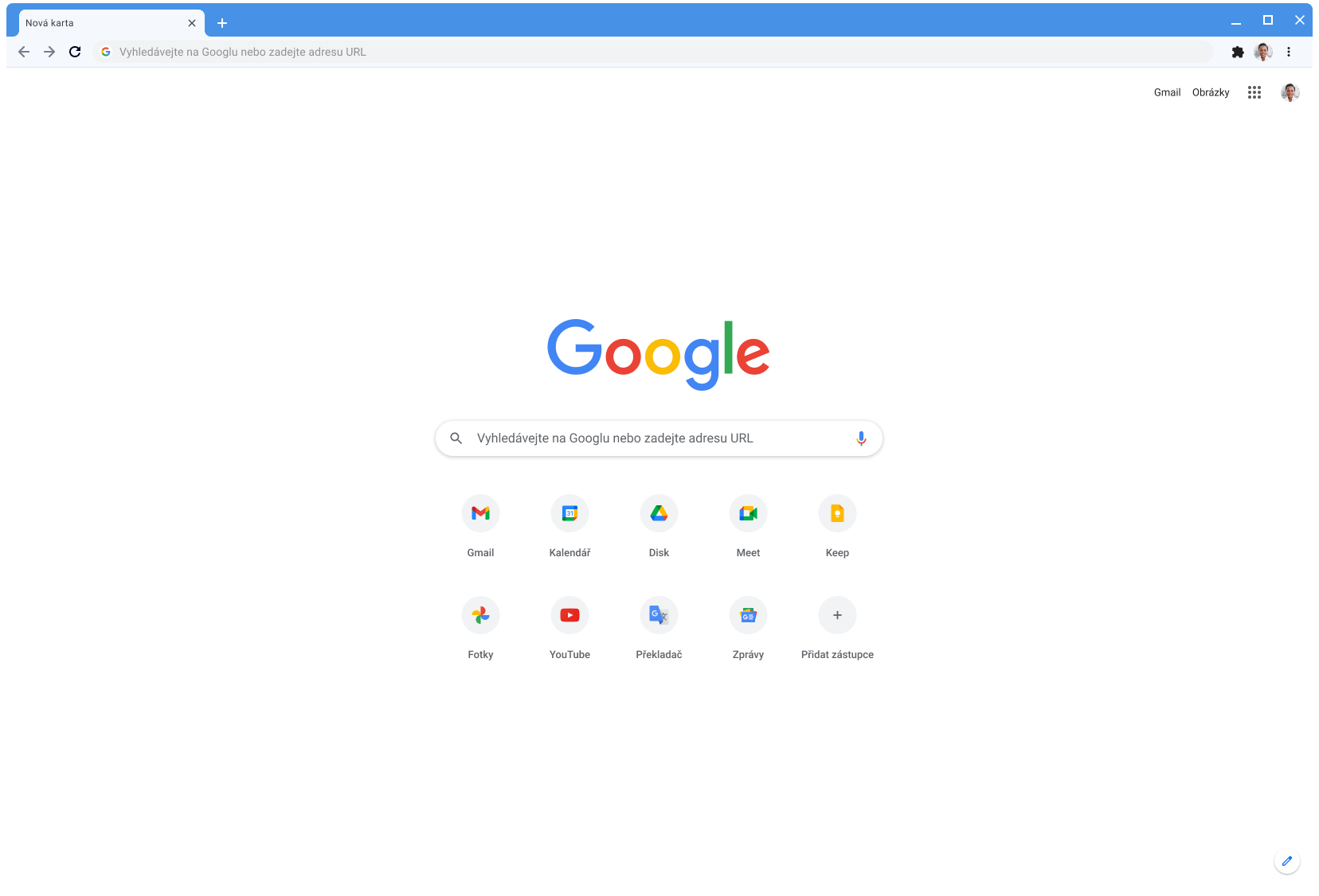 Okno prohlížeče Chrome s webem Google.com v klasickém motivu.