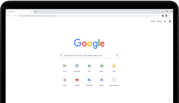 Levý horní roh notebooku Pixelbook. Zobrazeny jsou vyhledávací pole Google.com a oblíbené apolikace