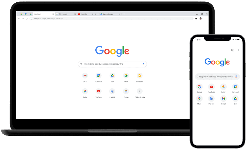 Notebook a mobilní zařízení s domovskou stránkou Google.com