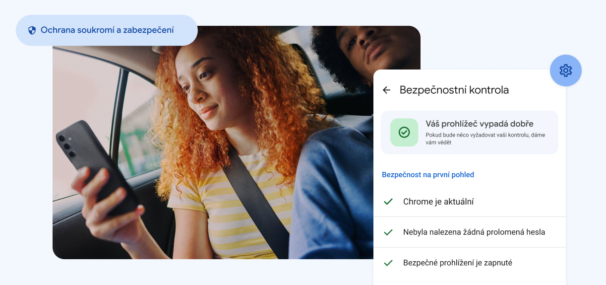 Žena se dívá na telefon. Prvky s textem „Privacy and Security“ (Ochrana soukromí a zabezpečení) a upozorněním na prolomená hesla.