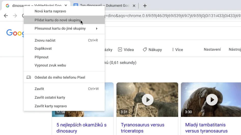 Okno prohlížeče Chrome s dialogovým oknem vytvoření nové skupiny karet