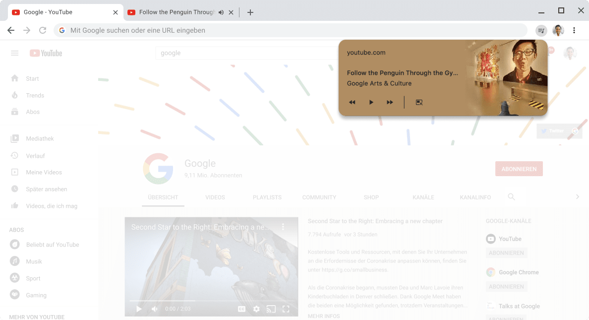 Chrome-Browserfenster mit kleinem Fenster zur Mediensteuerung.