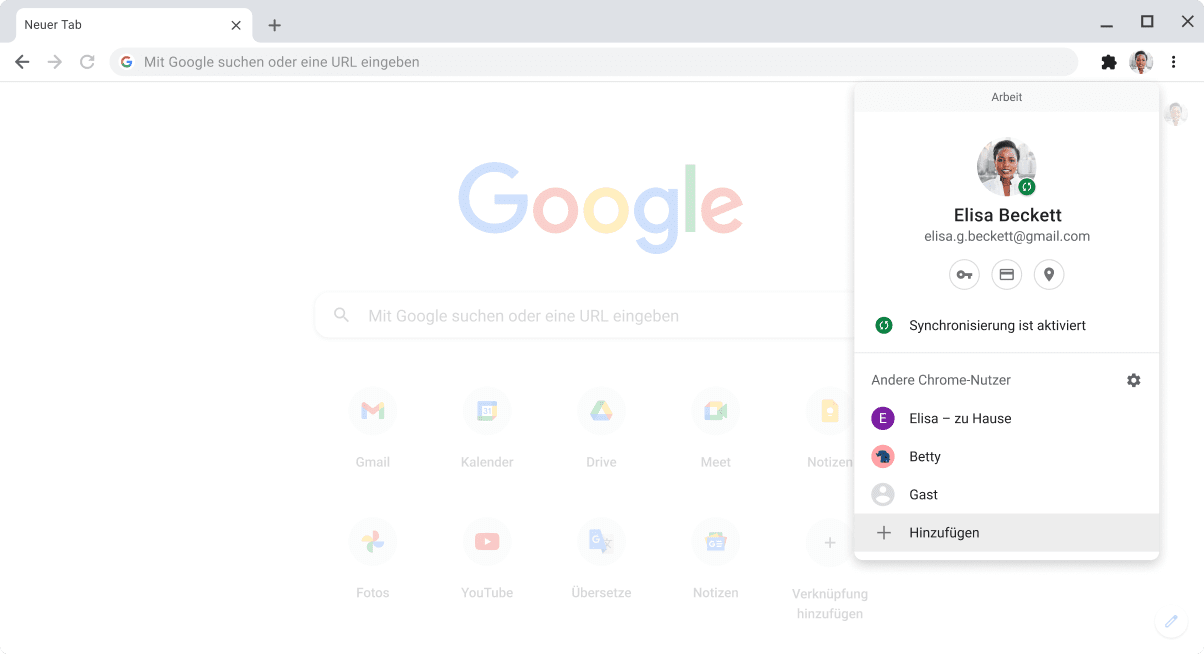 Chrome-Browser mit kleinem Fenster zum Wechseln des Profils.