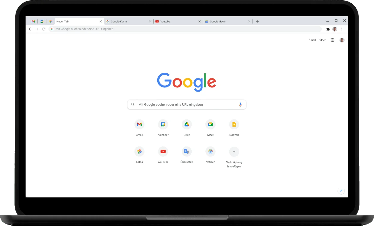 Linke obere Ecke eines Pixelbook-Laptops mit Google.com.