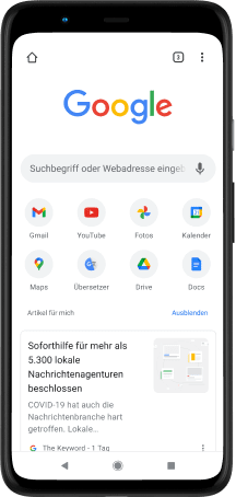 Pixel 4 XL mit Google.com-Suchleiste, favorisierten Apps und vorgeschlagenen Artikeln.