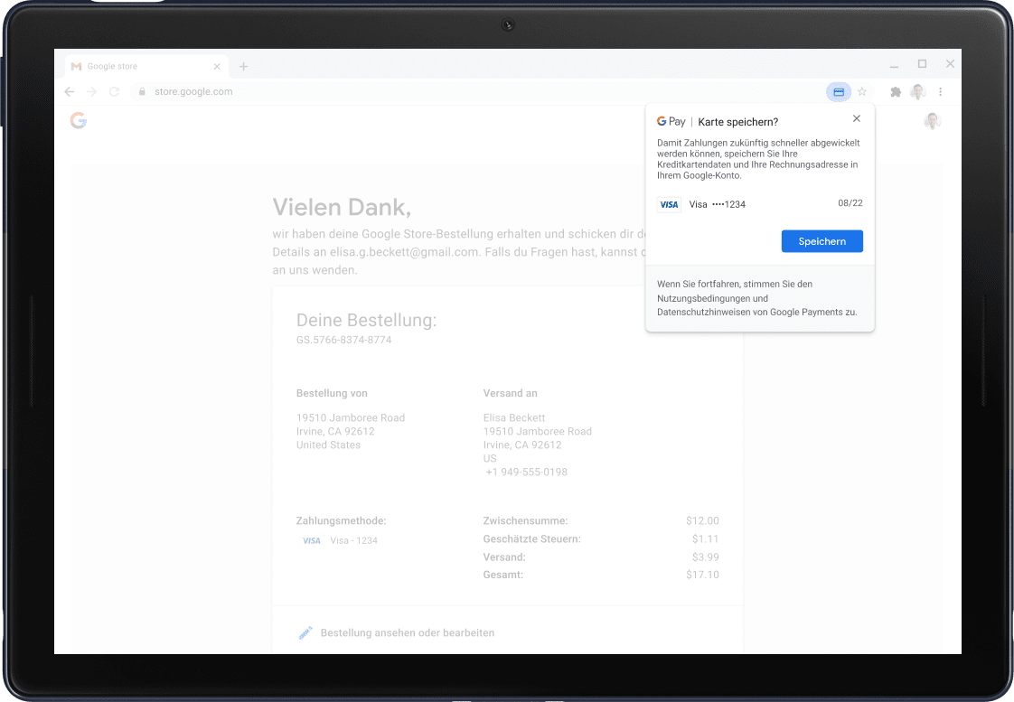 Google Pay confirmation screen shown on a Pixel Slate Tablet.
