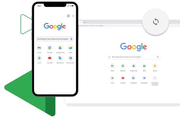 Chrome-Fenster, in dem zu sehen ist, dass der Browser auf Mobil- und Desktop-Geräten synchronisiert wird.