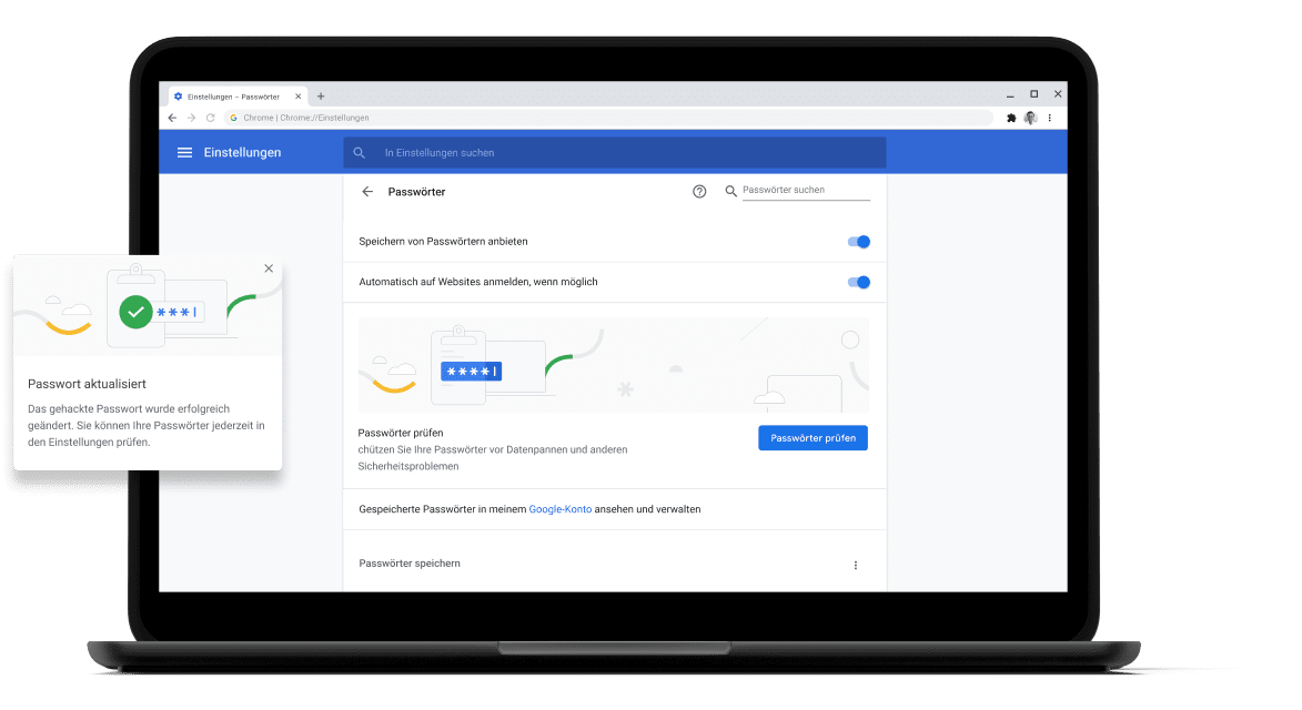 Passwortcheck Pixelbook Go laptop with screen displaying Chrome password check with a passsword update dialog box.