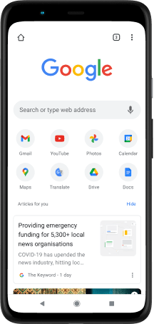 Pixel 4 XL phone with screen displaying Google.com search bar, favourite apps and suggested articles.