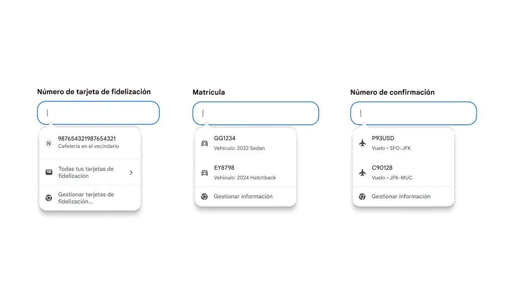 Autocompletar enriquece la experiencia de los usuarios al rellenar automáticamente tarjetas de fidelización, así como información de vehículos y vuelos.