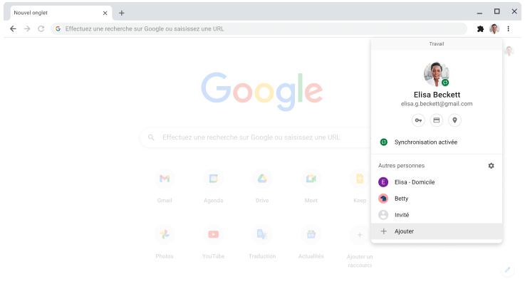 Navigateur Chrome affichant la boîte de dialogue de sélection du profil.
