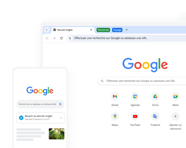 Page d'accueil de Google dans Chrome, sur un appareil mobile et un ordinateur de bureau.
