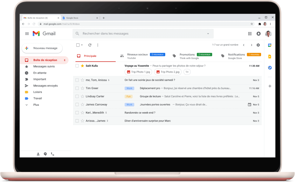 Écran de l'interface de Gmail présentant une liste d'e-mails.