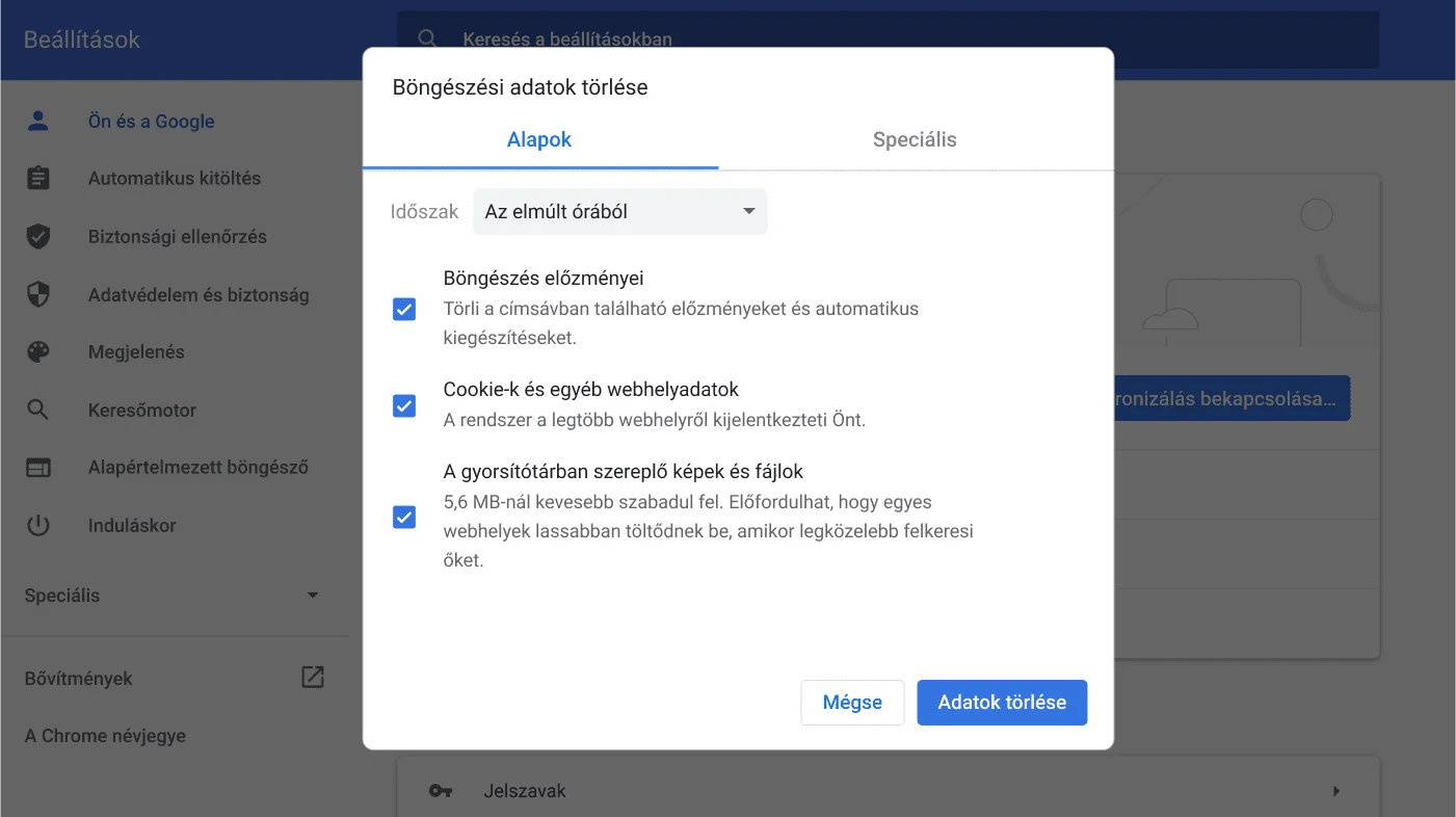 Az ablakban a Chrome böngésző beállításai láthatók, a Böngészési adatok törlése beállítási menüjével.