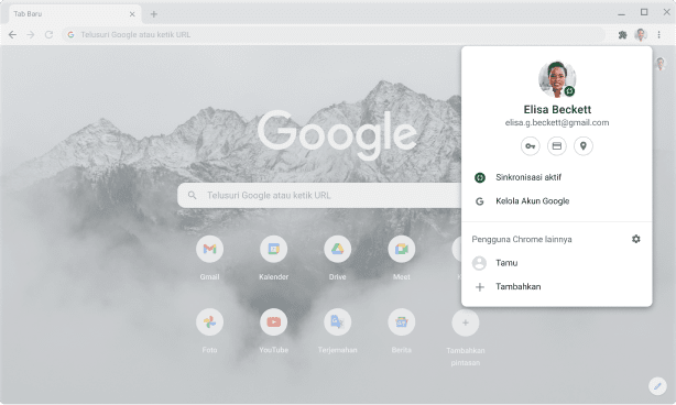 Jendela browser Chrome menampilkan setelan akun dan sinkronisasi Akun Google jika sinkronisasi diaktifkan.