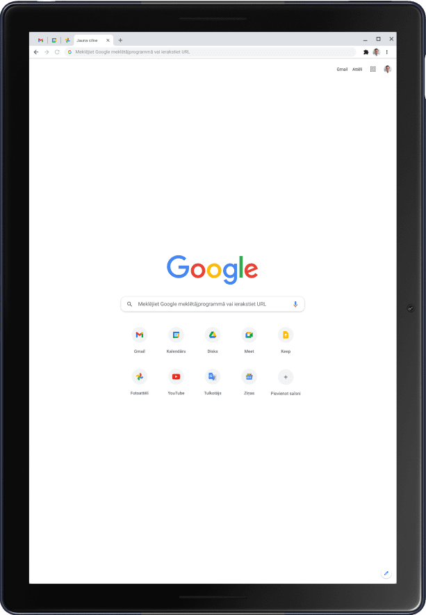 Planšetdatorā Pixel Slate ir iespējots portreta režīms un ir redzama Google sākumlapa.