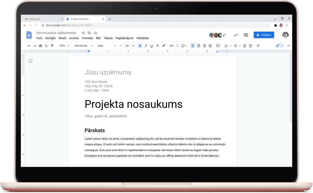Ekrāns, kurā redzama Google dokumentos atvērta projekta veidne.