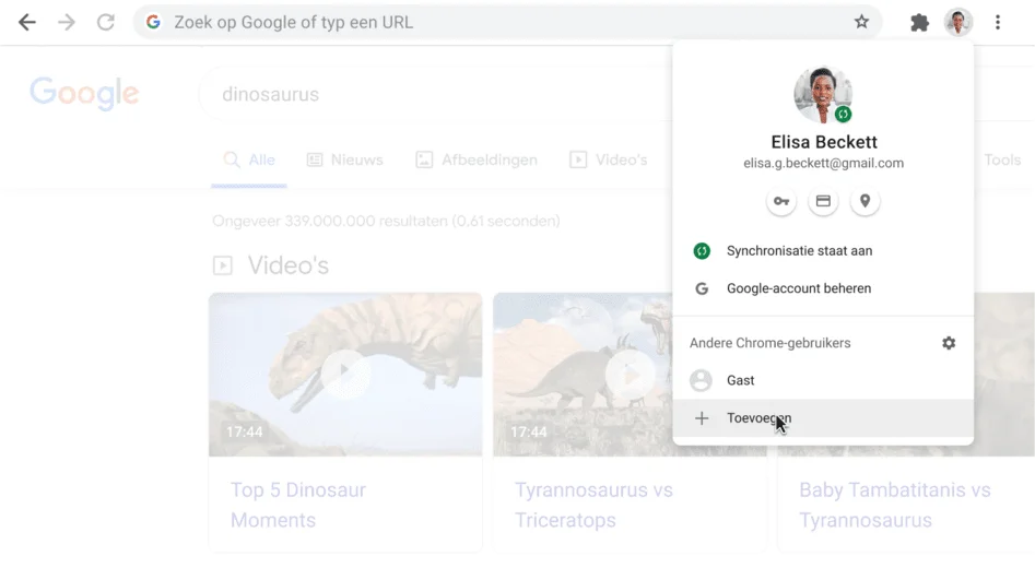 Chrome-browservenster met een geopend dialoogvenster Profiel.