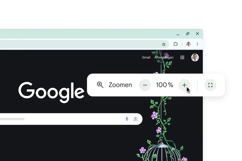 De Google-homepage en een pop-up met Zoom ingesteld op 100%