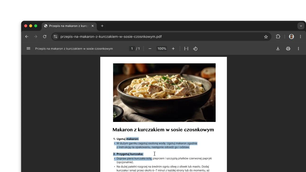 W oknie przeglądarki Chrome jest otwarty plik PDF z przepisem. Użytkownik zaznaczył w nim tekst.
