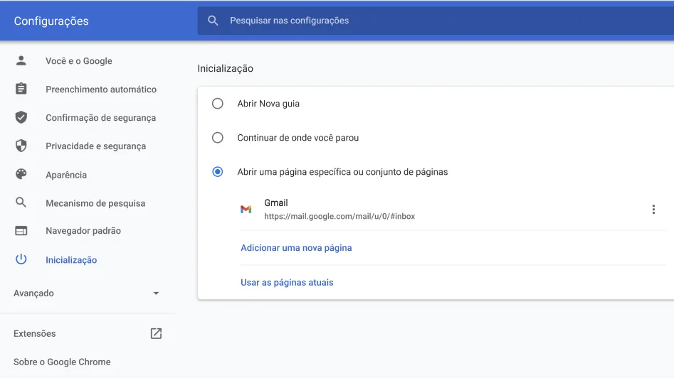 Janela de configurações do navegador Chrome mostrando o menu de opções 