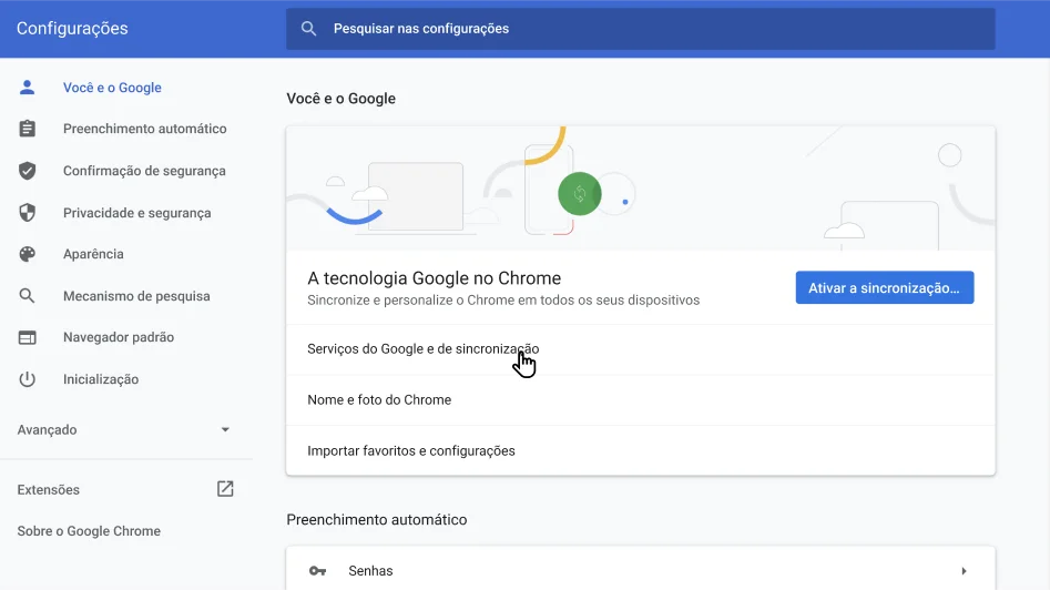 Janela de configurações do navegador Chrome mostrando o menu de opções 
