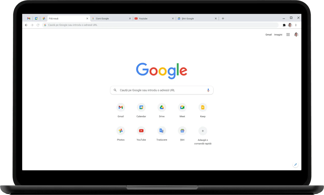 Colțul din stânga sus al unui laptop Pixelbook afișând pe ecran Google.com.