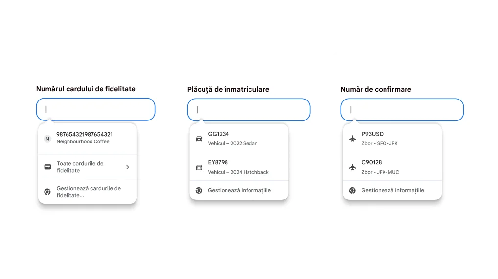 Experiența utilizatorului pentru completarea automată a cardurilor de fidelitate, a informațiilor despre vehicul și a informațiilor despre zbor.