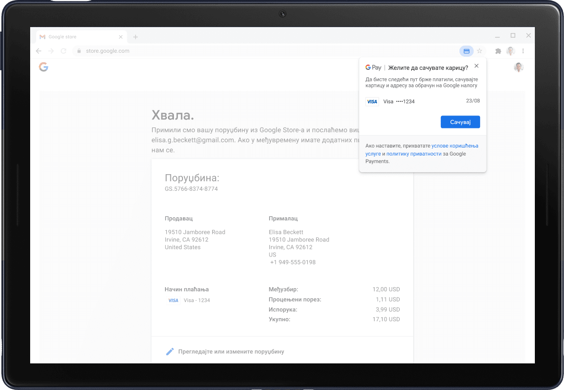 Google Pay confirmation screen shown on a Pixel Slate Tablet.