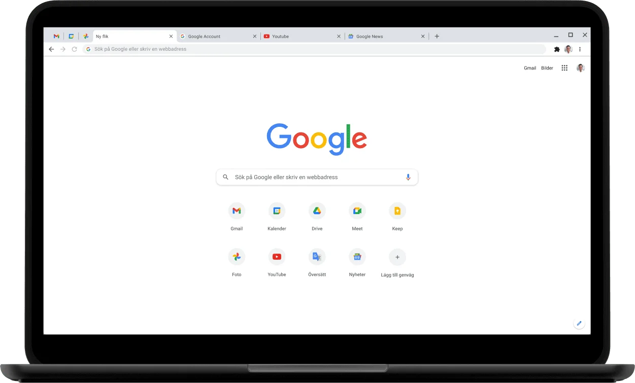 Pixelbook Go-laptop med skärm som visar Google.com.
