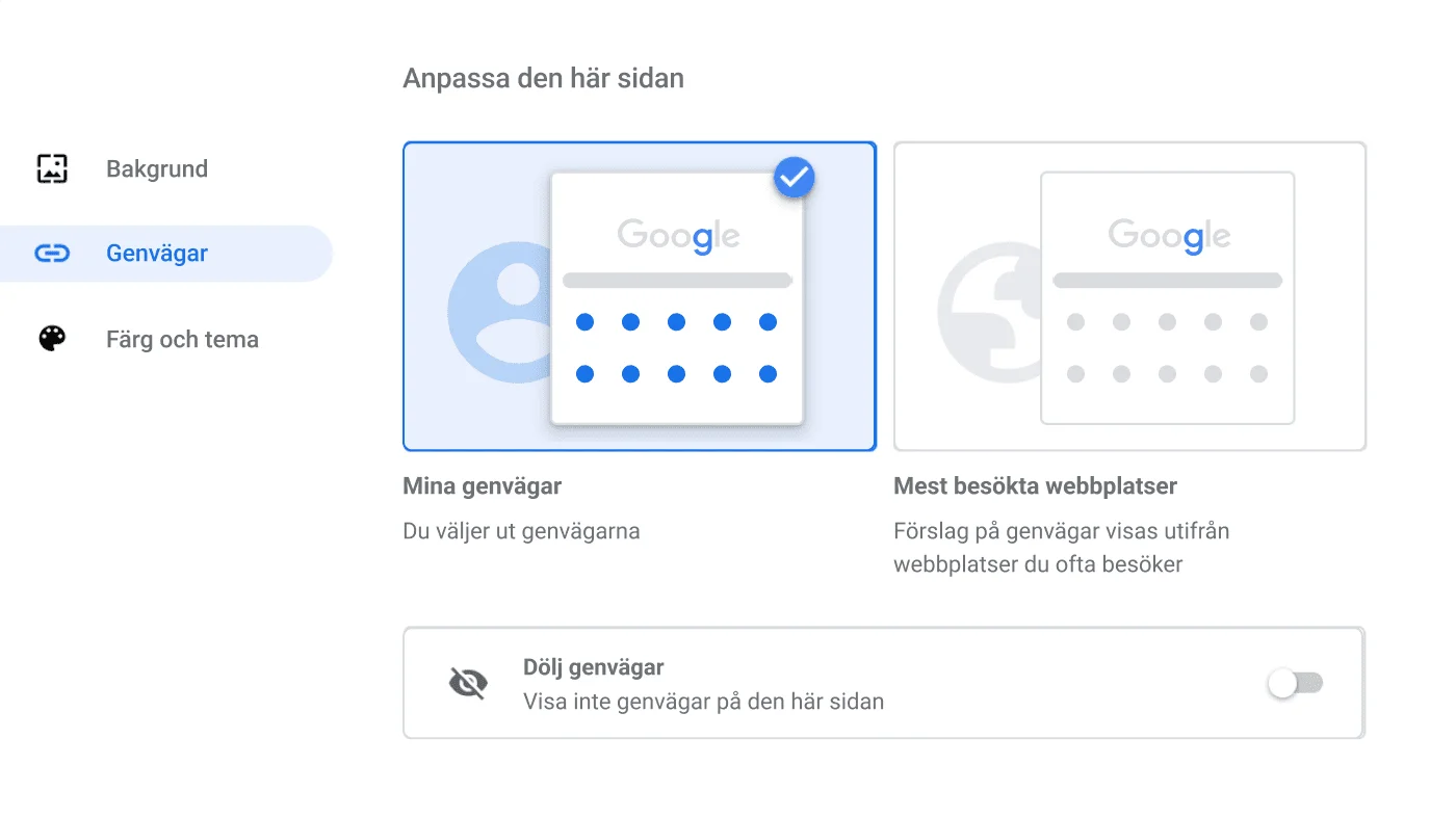 Ett fönster med inställningarna för webbläsaren Chrome som visar dialogrutan för genvägar.