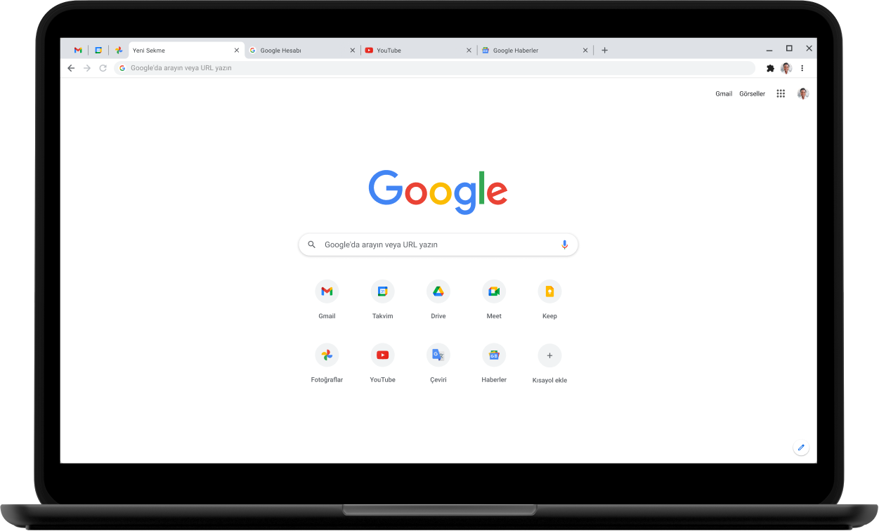 Pixelbook Go dizüstü bilgisayar ekranında Google.com gösteriliyor.