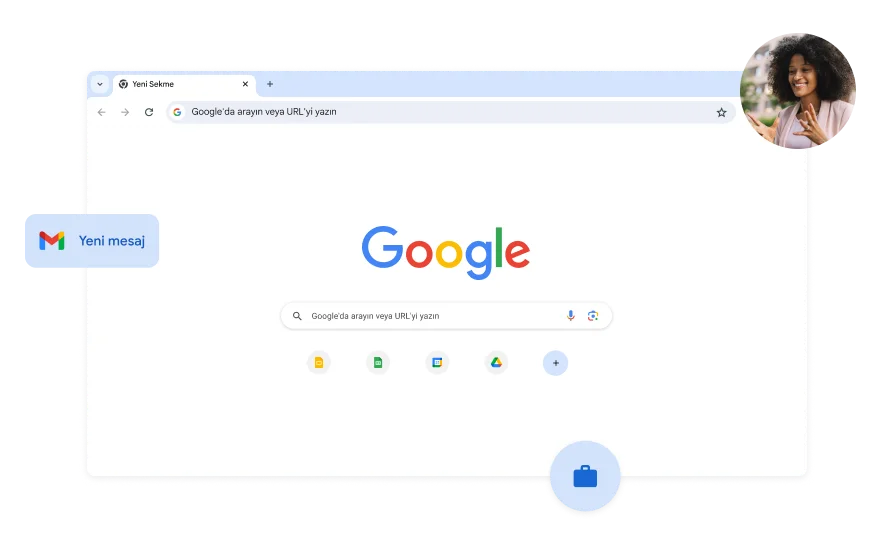 Google arama sayfasının arka planı beyaz renkte. Köşede bir kadının fotoğrafı var.
