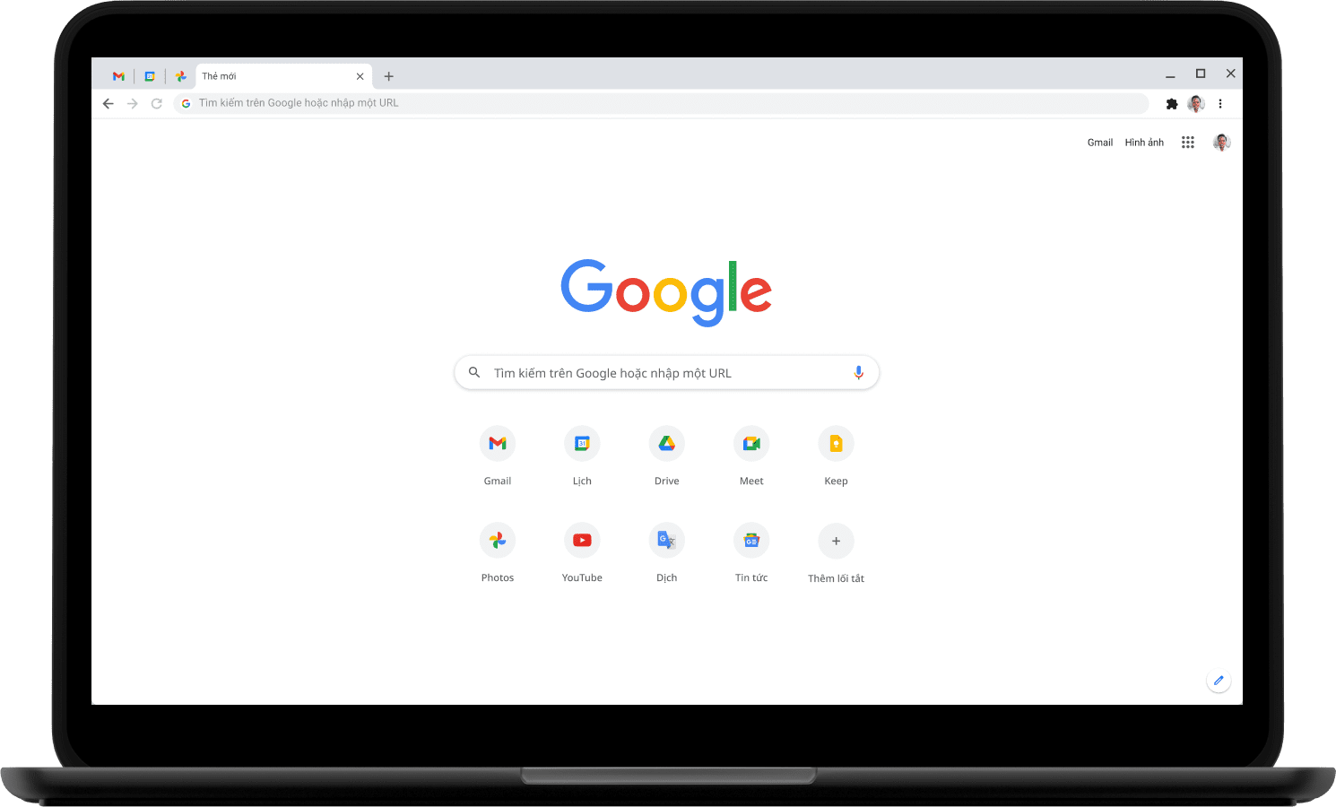Máy tính xách tay, đang hiển thị trang chủ Google.com.