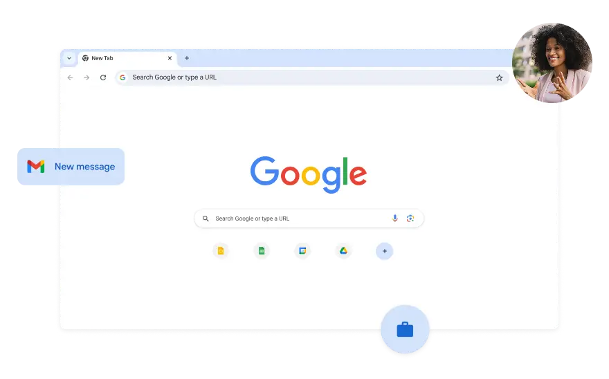 The Google Search page background is white. A photo of a woman is in a corner.