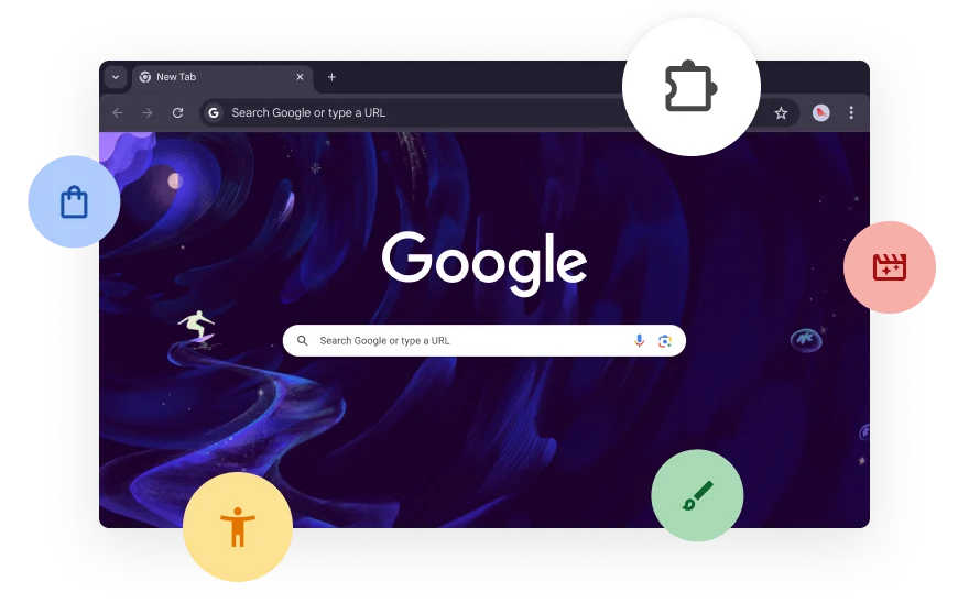 An abstract Chrome UI is surrounded by icons that represent categories for browser extensions.