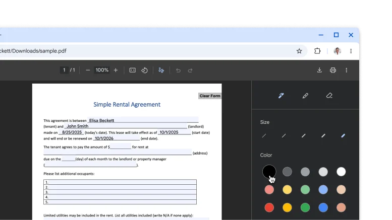 Soubor PDF otevřený v prohlížeči PDF v Chromu s ručně pořízenými poznámkami a podpisem.