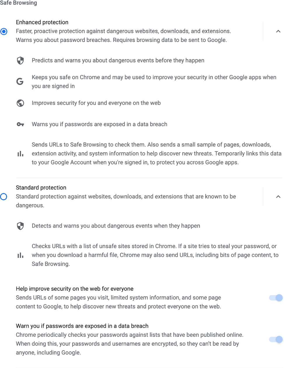 Chrome browser showing safe browsing settings